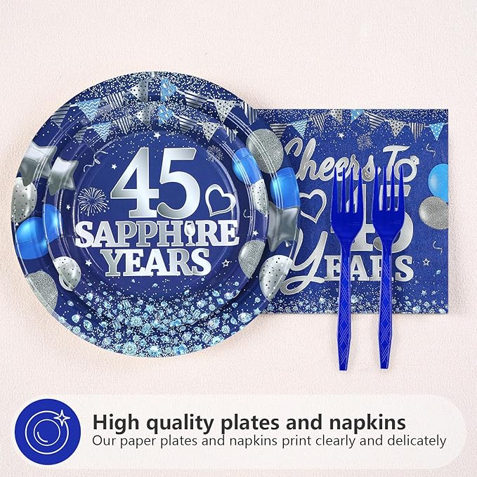96Pcs 45th Anniversary Decorations Blue Sapphire 45th Wedding Plates and Napkins Cheers to 45 Years Tableware Sets for 45 Birthday Anniversary Party Supplies,Serves 24
