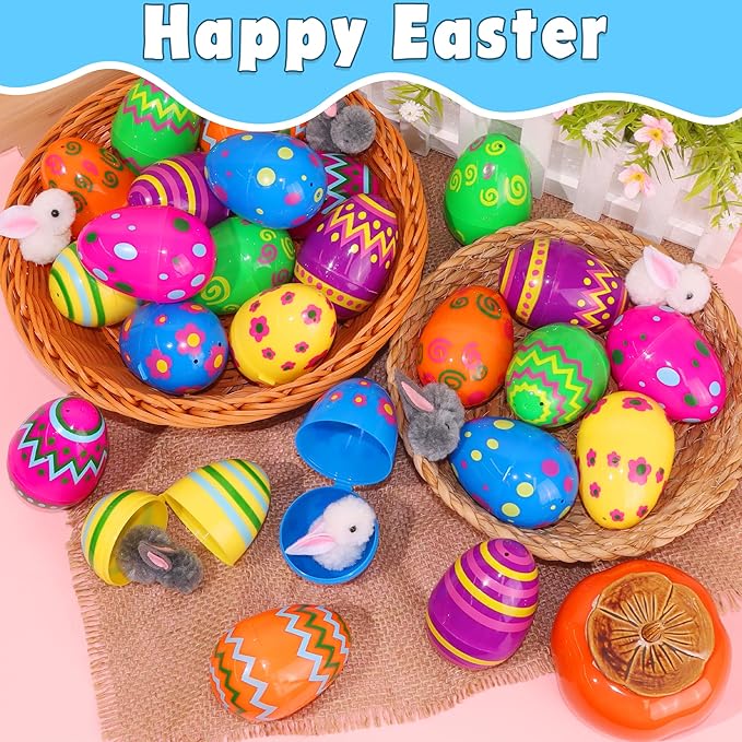 24 Pack Plastic Printed Easter Eggs, 2.4 Inch Fillable Empty Eggs Bulks for Easter Eggs Hunt, Easter Basket Stuffers Fillers, Classroom Prize Supplies, Filling Treats and Party Favors