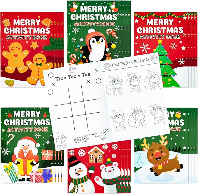 Dvbonike 24Pcs Christmas Activity Books for Kids Bulk Merry Christmas Mini Fun Games Coloring Book Santa Snowman Reindeer Party Favors Goodie Bags Stuffers Birthday Classroom School Rewards Supplies