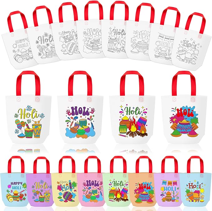 Holi Coloring Goodie Bags for Kid - 24Pcs Happy Holi Color Your Own Gift Bags with Handle Reusable Non Woven Coloring Tote Packet for Classroom DIY Painting Indian Festival Holiday Spring Party Favor
