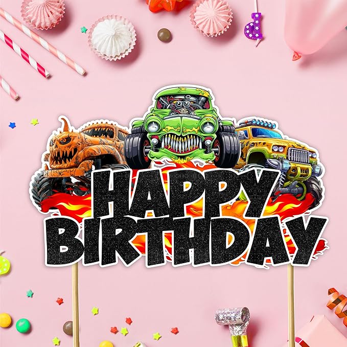 Monster Truk Happy Birthday Cake Topper- with Bold Off Road Truck Design, Colorful Racing Vehicle Theme Cake Decoration for Birthday Party Table Display, Dessert Centerpiece, Photo prop.