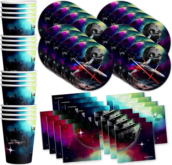 May the Fourth Star Space Wars Birthday Party Supplies Tableware Set Includes Plates Napkins Cups - Kit for 16