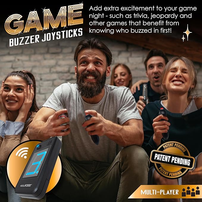 Digital Energy Wireless Handheld Game Buzzer System - Console Displays First Buzz-in - Great for Jeopardy, Family Feud, Trivia and Buzzer Games - 4 Joystick Buzzers