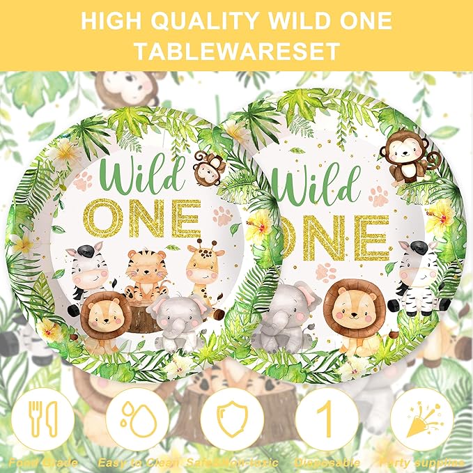 120PCS Wild One Party Supplies for Boys 1st Kids First Birthday Party Jungle Animal Safari Decorations Woodland themed Tableware Set Plates Napkins Cups Set for 20 Guests