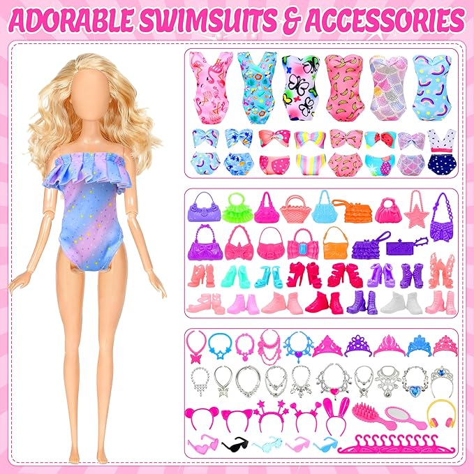 85 Pcs Doll Clothes and Accessories Kit, Include Princess Gowns, Fashion Skirts, Evening Dresseses, Tops, Pants, Bikini Swimsuits, Shoes, Crowns, Necklaces, Glasses in Gift Box for 11"-12" Dolls