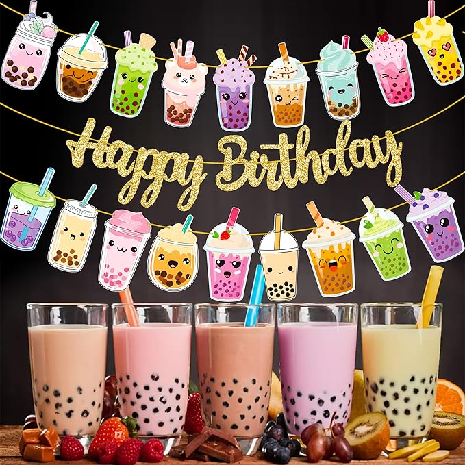 3pcs Bubble Tea Birthday Party Banners Boba Tea Birthday Decorations Gold Glitter Happy Birthday Banner Bubble Mill Tea Cutout Garlands for Baby Shower Supplies