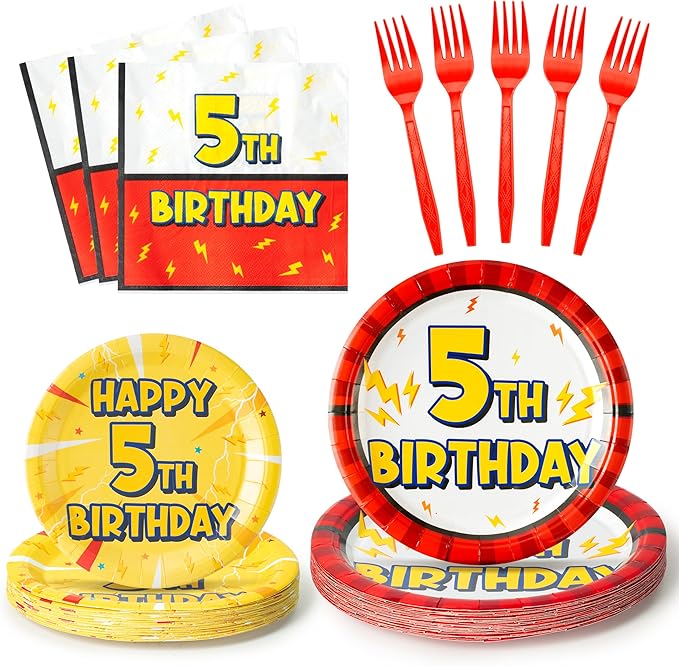5th Birthday Party Supplies - 96pcs Paper Plates Napkins Plastic Forks Kids Girls Boys Little Birthday Party Table Decorations Lighting Themed Disposable Cake Tableware Set for 24 Guests