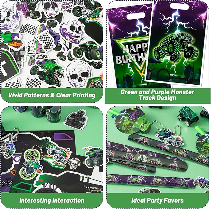 Haooryx Green Purple Monster Truck Party Favor - 122Pcs Monster Truck Slap Bracelets Sticker Blowouts Noisemaker Mini Vehicles Car Toy Keychain waith Gift Bag for Kids Birthday Party Goodie Bag Supply