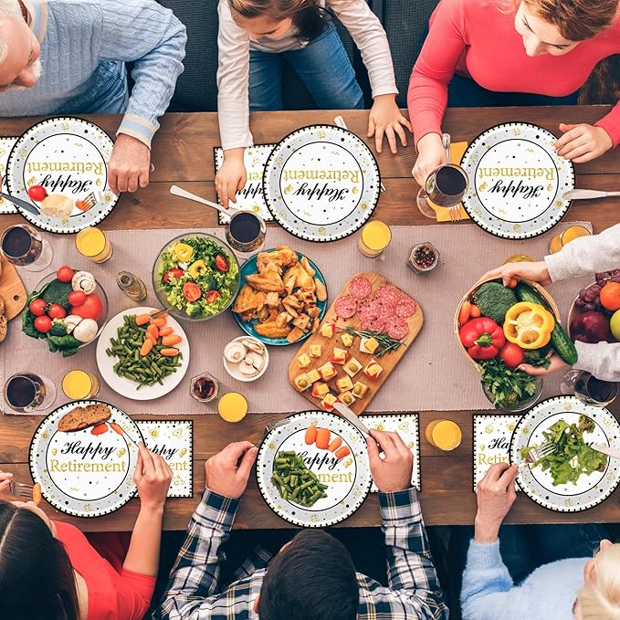 96 Pieces Happy Retirement Decorations Tableware for Men and Women - Dessert Plates, Napkins, Forks, Favors for 24 Guests