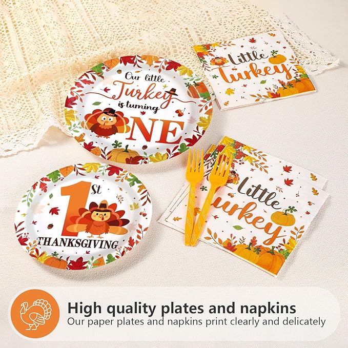 Grencian 96Pcs Thanksgiving 1st Birthday Decorations Our Little Turkey Is Turning One Plates and Napkins Fall 1st Birthday Tableware Set for Thanksgiving Turkey-Themed Baby Shower Party Supplies