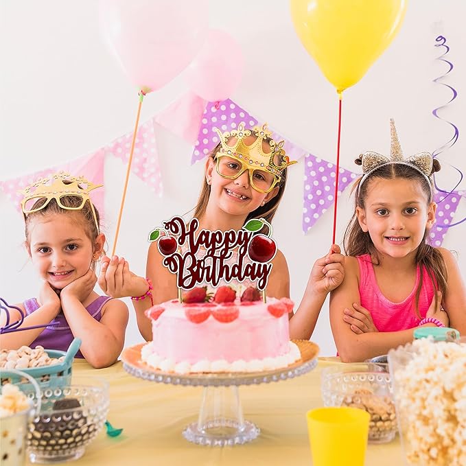 "Cherry Happy Birthday Cake Topper – Cute Fruit-Themed Birthday Party Decoration for Adults – Red Cherry Cake Topper for Dessert Tables, Smash Cakes, High Chairs, and Themed Birthday Celebrations"