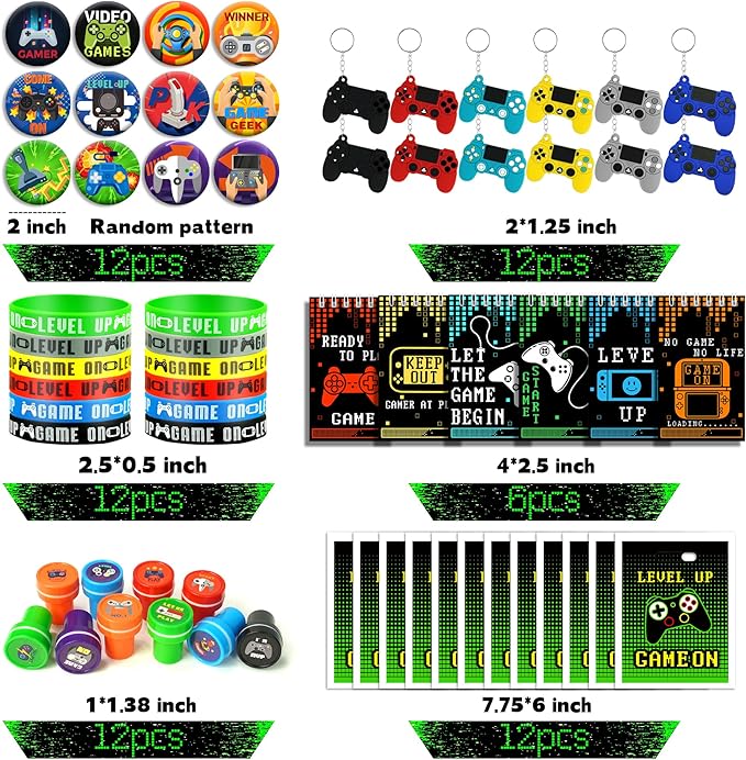 66 PCS Video Game Party Favors Video Game Theme Notepads Wristbands Stampers Keychains For Level Up Party Gamer Birthday Party Classroom Rewards Supplies