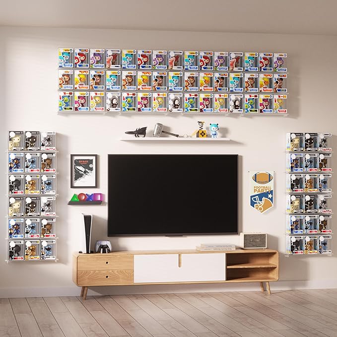 Wall Floating Shelves Compatible with 21 Funko Pops in Box, Clear Tiered Display Shelf for Collectibles, Acrylic Figurine Protector Display Case, Stackable Action Figures Collection Stand, 2 Pack