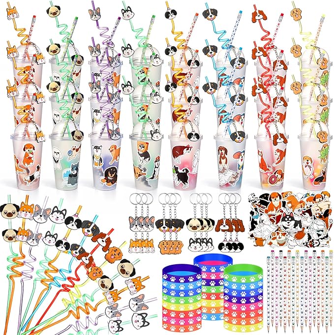 194 Pcs Dog Party Favors Goody Cup Fillers, Dog Birthday Party Decorations Straws Keychains Pencils Bracelets for 100th Day of School Puppy Parties Supplies, Goodie Bag Supplies