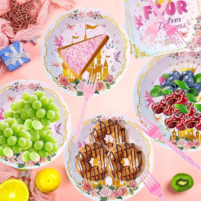 96Pcs Princess Party Plates & Napkins, Four Ever a Princess Birthday Party Tableware Set, Pink Disposable Plates, Forks, 4th Birthday Dinnerware Napkins for 24 Guests