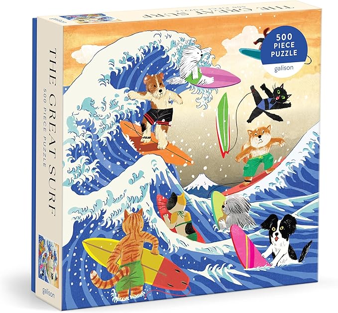 Galison The Great Surf – 500 Piece Jigsaw Puzzle Featuring Beautiful Artwork of Cats and Dogs Surfing Waves