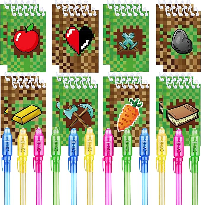 24 Pcs Pixel Theme party favors |12 invisible ink pen and 12 mini Notepads| Pixel Theme party Goodie Bag Stuffers, Classroom Prizes, party supplies