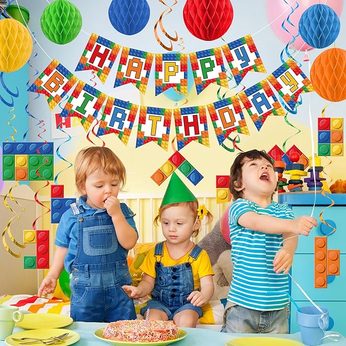 Building Block Birthday Party Decorations Brick Themed Happy Birthday Banner Colorful Block Hanging Swirls Honeycomb Balls Circle Dots Garland for Colorful Brick Pre-strung Birthdays Party Decor