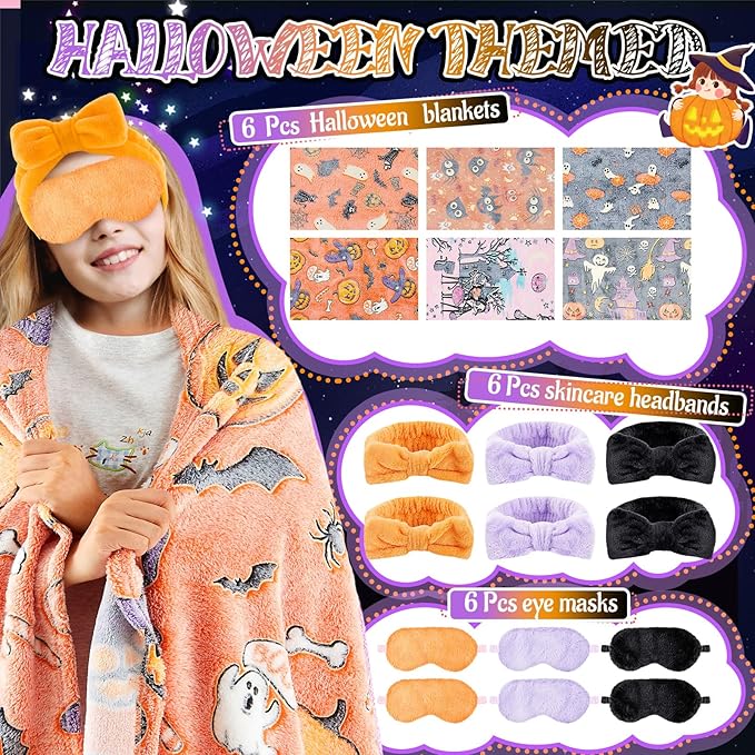 18 Pcs Sleepover Party Supplies, 6 Glow in The Dark Unicorn Blanket 6 Coral Fleece Headband 6 Plush Eye Mask Covers for Sleeping Slumber Sleepover Spa Party Gift (Ghost)