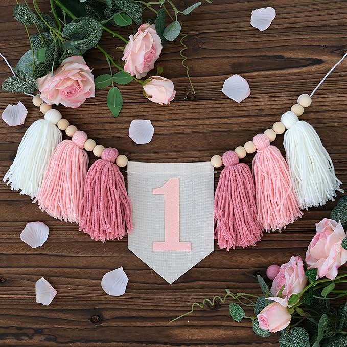 Pink Baby Girl 1st High Chair Banner Wood Bead Tassel Garland Crown Hat Wooden Cake Topper Birthday Party Decorations