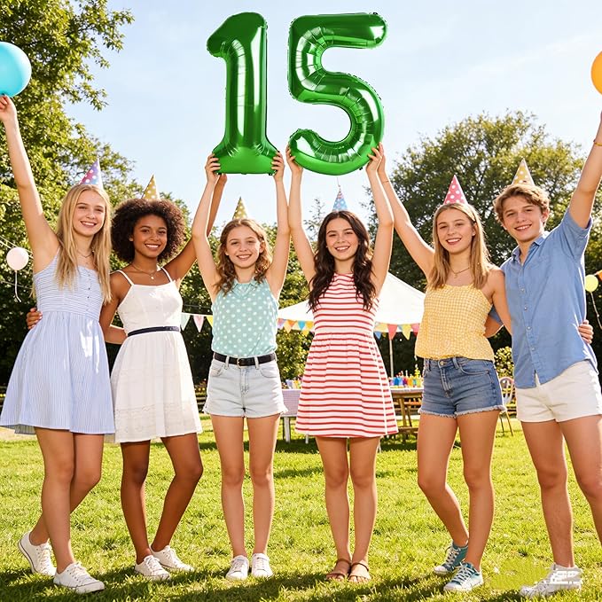 15 Balloons Number, 40 Inch 15th Birthday Decorations for 1 5 15 51, Dark Green Big Foil Number Balloons for Wedding Store Anniversary Party Supplies