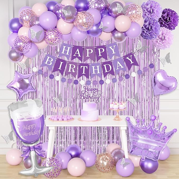 Ouddy Life Purple Birthday Party Decorations for Women Girls, Lavender Purple Pink Foil Confetti Balloons, Fringe Curtain, Cake Topper, Pompoms, Happy Birthday Banner Wedding Princess Party Supplies