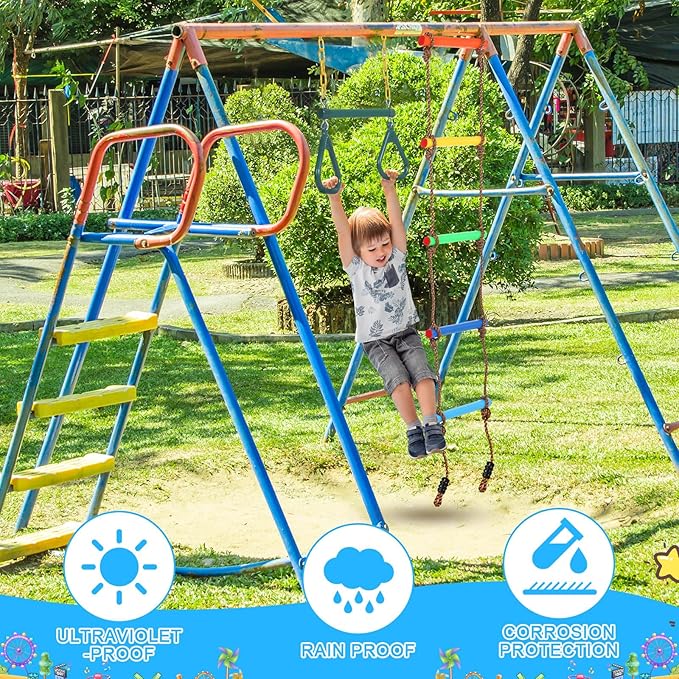 ShinyRelief 2 Pack Gym Swing Sets 48'' Trapeze Swing Bar Monkey Bar Heavy Duty Chain with Locking 6.8ft Climbing Rope Ladder Climbing Game for Accessories Tree House Playground Outdoor Play(Green)