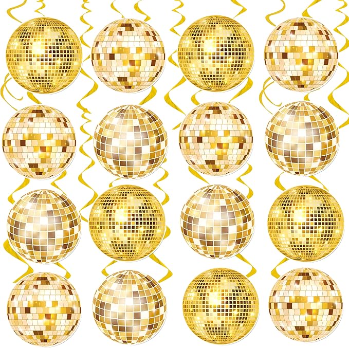 20Pcs Gold Disco Ball Hanging Swirls 70s Disco Birthday Party Decoration Gold Disco Ball Themed Swirl Ceiling Hanging Streamers for 70s 80s New Year Party Decoration Disco Fever Supplies(Paper)