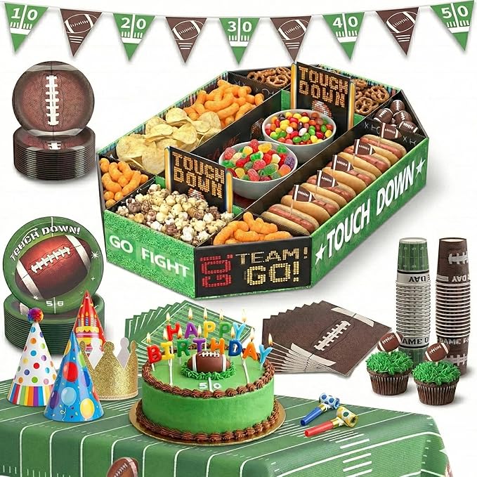 Football Birthday Party Decorations for Boys Serves 24 – Kids Sports Theme Party Supplies with Large Snack Stadium Tray, Plates, Cups, Banner & Tablecloth