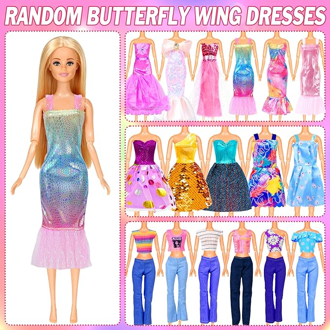 150 Pcs Doll Clothes and Accessories Playset with Dolls for Girls, Princess Gowns, Fashion Dresses, Swimsuits, Tops, Pants, Shoes, Bags Jewelrys in Closet for Doll Dress Up Fit for 11.5" Dolls