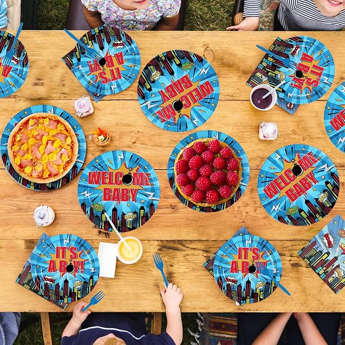 96Pcs Super Theme Hero Baby Shower Party Decoration Hero City Buildings Plates and Napkins Blue Welcome Baby Disposable Tableware Set for Boys Baby Shower Birthday Party Supplies Serves 24