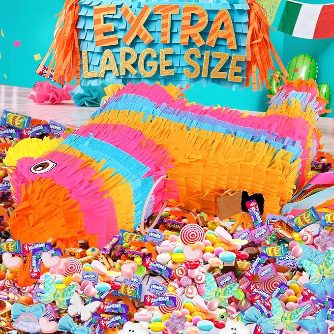 Cinco De Mayo Donkey Pinata with 24" Stick and Rope | Large Rainbow Piñata Decorations for Birthday Party, Taco Tuesday, Mexican Theme Fiesta (16 X 13.5 X 5.7 In)