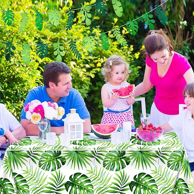 Tatuo 2 Pieces Palm Leaf Table Covers Hawaii Green Leaves Tablecloths Tropical Leaf Table Cloths and 2 Pieces Palm Leaves Banners Decorations for Tropical Party Decorations