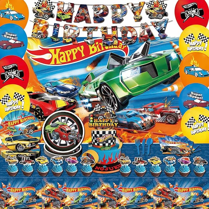 122 Pcs Hot Car Birthday Party Supplies,Included Banner,Backdrop,Tablecloth,Cake Topper,Cupcake Toppers,Balloon,Racing Car Tableware Set for Boy and Girl Wheel Party Decorations