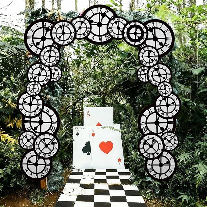Preboun Wonderland Tea Party Decoration 6.56 x 4.9 ft Clock Door Banner Wonderland Garland Photo Props Background for Birthday Baby Shower Tea Party Supplies