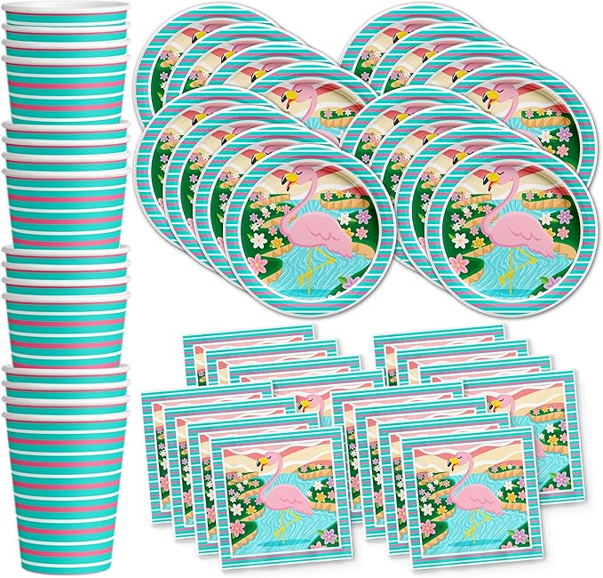 Pink Flamingo Birthday Party Supplies - Flamingo Bridal Shower - Flamingo Baby Shower - Flamingo 1st Birthday | Tableware Set Includes Plates Napkins and Cups | Kit for 16