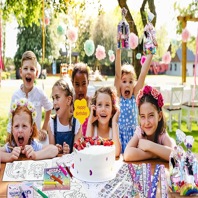 Unicorn Party Favors, 12 Pack Unicorn Birthday Party favors Supplies, Birthday Gifts Bags Coloring Books Slap Bracelets Stickers Bookmarks