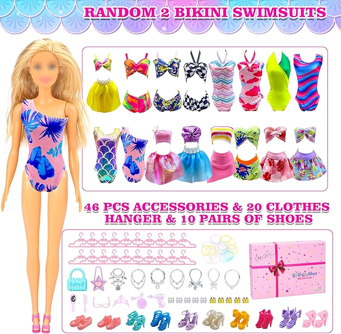 Doll Clothes and Accessories Set, Wedding Gowns, Evening Dresses, Fashion Dresses, Casual Outfits Top and Pant, Swimsuit Bikini, Hangers, Shoes and Accessories Toys for Girl Birthday Gift