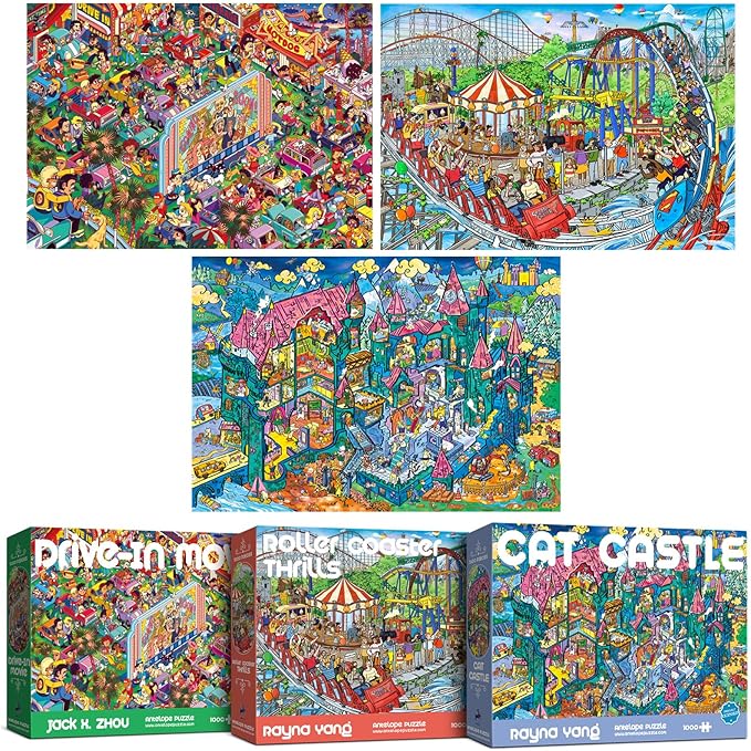 ANTELOPE 3 in 1 1000 Piece Puzzle Bundle - Roller Coaster, Drive in Movie, Cat Castle - 3000 Piece Jigsaw Puzzle, 3 Count, 15 Years and Up