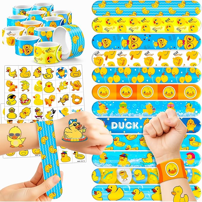 72PCS Duck Party Favors - 48PCS Pre-cut Temporary Tattoos & 24PCS Slap Bracelets - Cute Birthday Party Supplies, Decorations, Baby Shower Gifts, Classroom Prizes, and Rewards for Boys & Girls