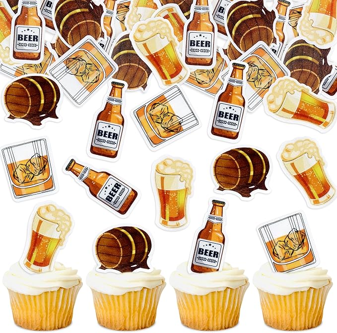 Ercadio 40 PCS Edible Beer Party Cupcake Toppers Cheers and Beers Happy Birthday Party for Father's Day Beer Kegs Cake Drink Topper Favor for Summer Family Party Decor Supplies