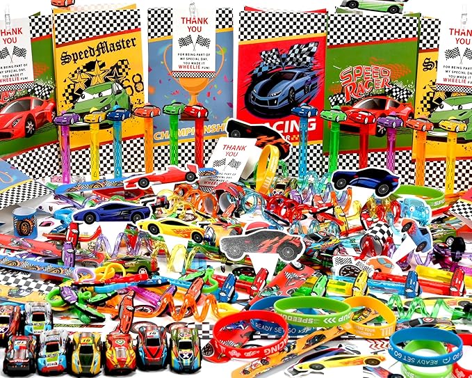 232PCS Race Car Birthday Party Favors Decorations Supplies Goodie Bag Stuffer Pinata Filler, Cars Themed Favors for Wheel Birthday Decorations