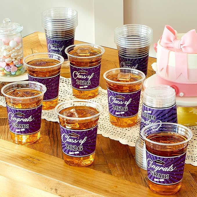 JOYIN 100 Pcs 16oz Graduation Party Plastic Cups (Purple), PET Cup Tableware Bulk for Class of 2026 Graduates, Grad Disposable Cups for 2026 High School College Graduation School Grad Party Supplies