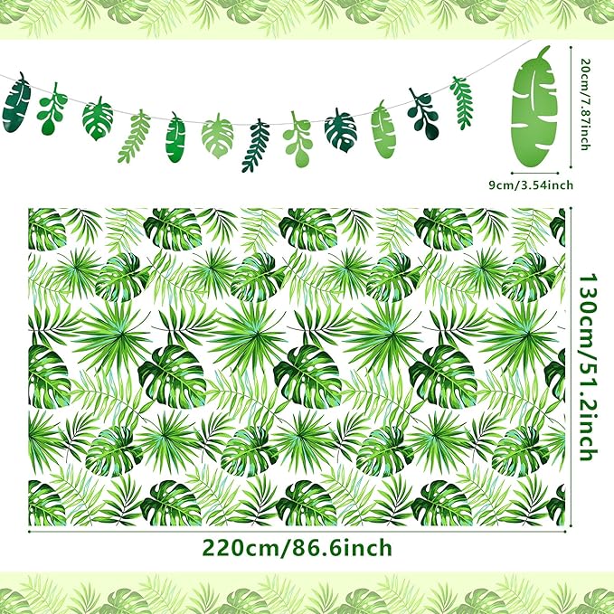 Tatuo 2 Pieces Palm Leaf Table Covers Hawaii Green Leaves Tablecloths Tropical Leaf Table Cloths and 2 Pieces Palm Leaves Banners Decorations for Tropical Party Decorations