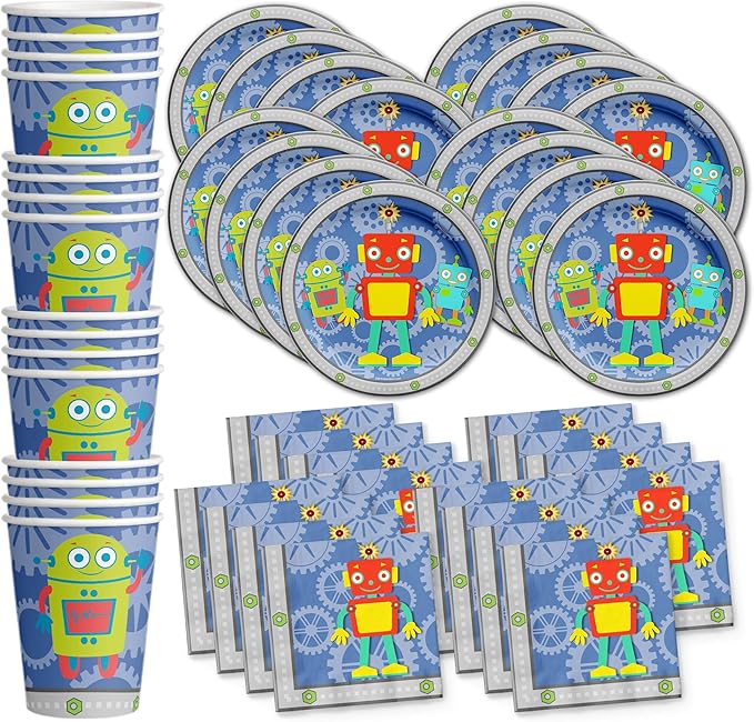 Robot Birthday Party Supplies Set Plates Napkins Cups Tableware Kit for 16