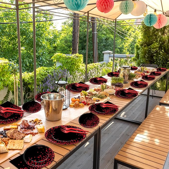 50 Guests Red and Black Birthday Party Supplies Set Red Dot on Black Disposable Plates Napkins Red and Black Tableware Set Party Papaer Dinnerware for Birthday Graduation Wedding Decorations 200Pcs