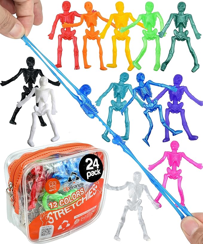 UpBrands Halloween Party Favors for Kids – 24 Stretchy Skeleton Toys – Safe Mini Skeletons for Goodie Bags, Classroom Prizes or Birthday Gifts