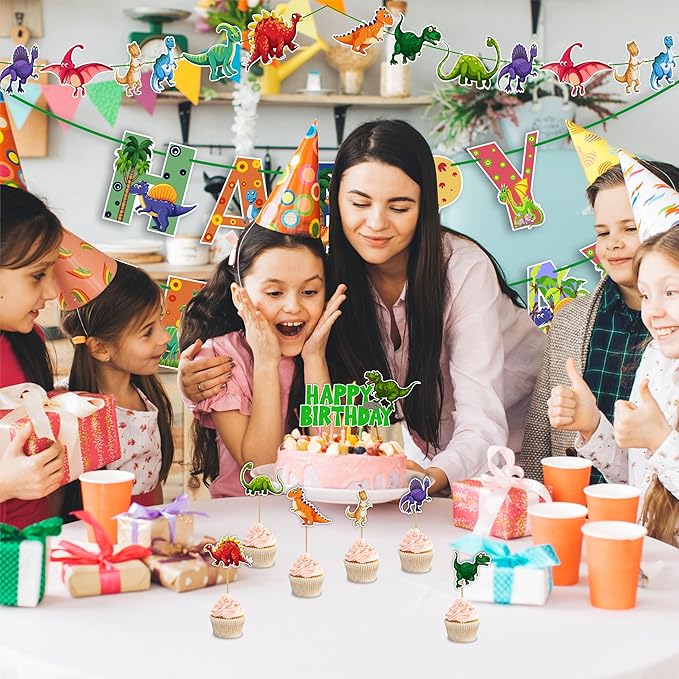 Dinosar Theme Birthday Party Supplies - Decoration Set for Home Celebration, Dinosaur Party Décor Kit with Banner, Cake Topper, Cupcake Toppers and Table Decorations for Event Setup