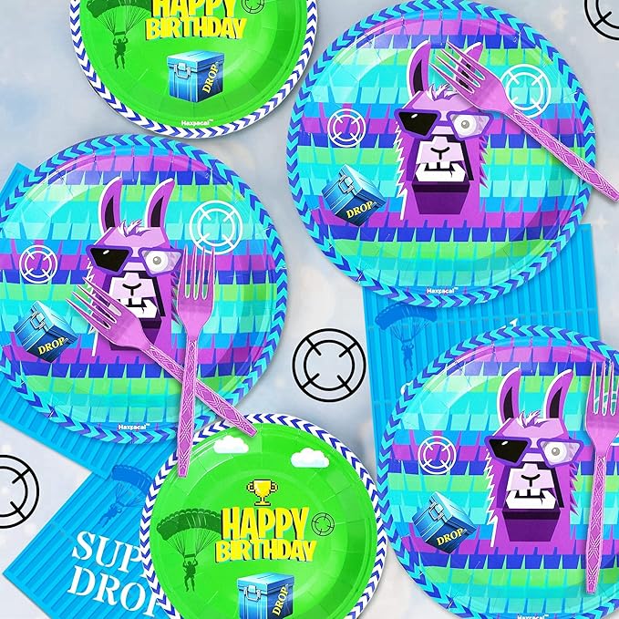 64Pcs Video Games Llama Party Tableware Supplies Including 32 Pcs Plates, 16 Pcs Forks and 16 Pcs Napkins, Video Games Theme Party Birthday Decorations