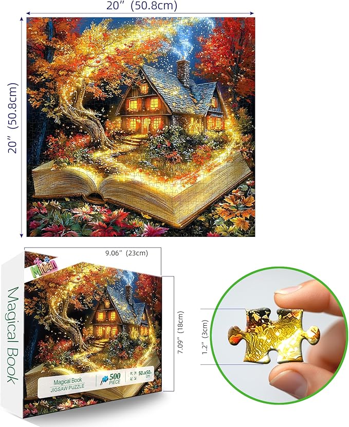Magical Open Book Autumn Cottage 500 Piece Jigsaw Puzzle for Adults, Fantasy Fall Cabin Glowing Tree Jigsaw Puzzle, Gift for Book & Autumn Lovers 20x20 Inches